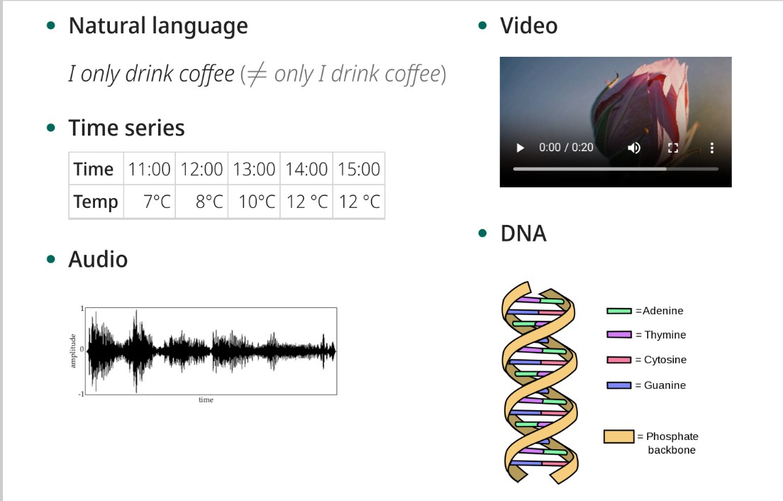 <p>Ordered series of data, like natural language, time series, audio, video, or DNA.</p>