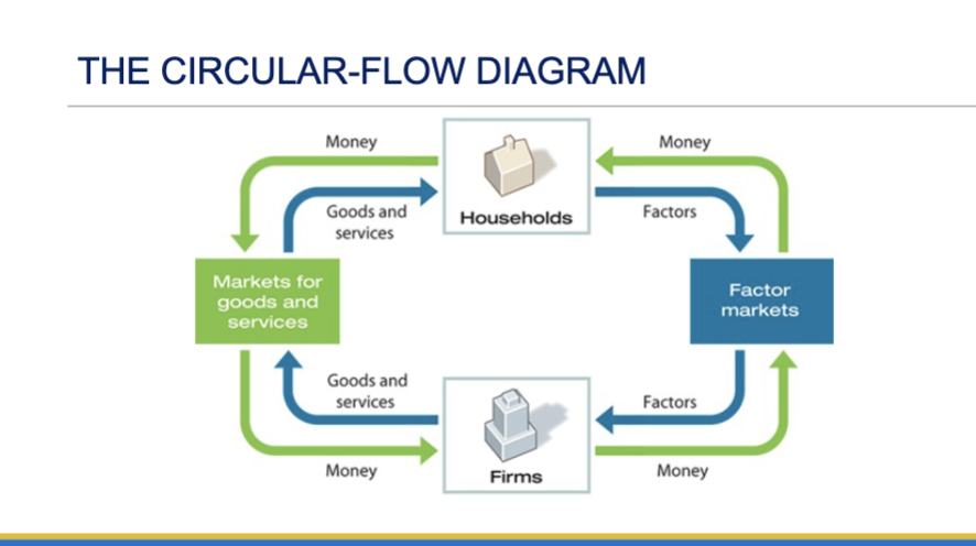 <p>Trade takes the form of barter when people directly exchange goods or services that they have for other goods and services that they want</p><p>Represents the transactions in an economy by flows around a circle&nbsp;</p>