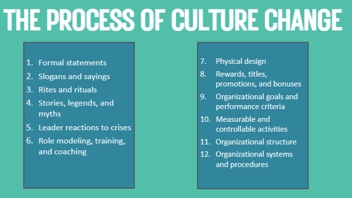 <ol><li><p>Formal statements</p></li><li><p>Slogans and sayings</p></li><li><p>Rites and rituals</p></li><li><p>Stories, legends, and myths</p></li><li><p>Leader reactions to crises</p></li><li><p>Role modeling, training, and coaching</p></li><li><p>Physical design</p></li><li><p>Rewards, titles, promotions, and bonuses</p></li><li><p>Organizational goals and performance criteria</p></li><li><p>Measurable and controllable activities</p></li><li><p>Organizational structure</p></li><li><p>Organizational systems and procedures</p></li></ol><p></p>