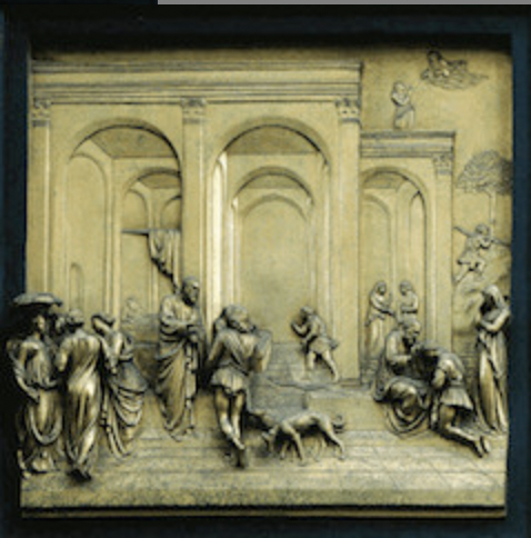 * Created after sculptural casting competition between him and brunelleschi
* Clear example of linear perspective: helps us understand different moments spacialy in relation to one another
* Panels are contained, the stories don’t move from one panel to another like in Giotto's Arena chapel