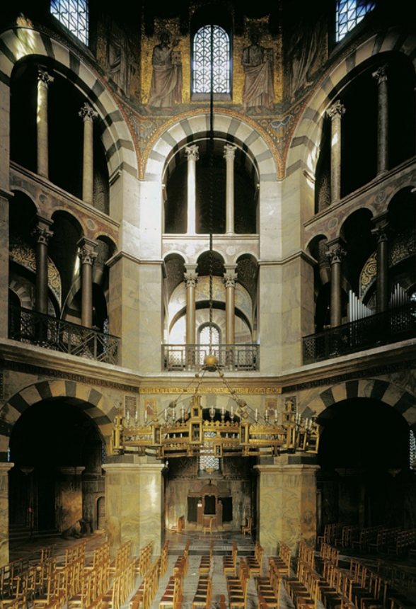 <p>Which of the following characteristics of Charlemagne's Palace Chapel at Aachen&nbsp;<strong>was not</strong> borrowed from Roman art (including Early Christian art, like Galla Placidia)?</p><ul><li><p>the use of glass mosaic</p></li><li><p>the use of marble revetment</p></li><li><p>the enormous chandelier</p></li><li><p>the use of Roman columns and capitals</p></li></ul><p></p>