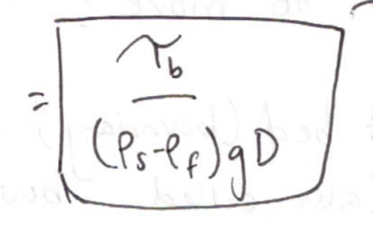<p>ρf = fluid density</p><p>ρs = grain density</p><p>g = gravity</p><p>τb = bed shear stress </p><p>D = grain size</p>