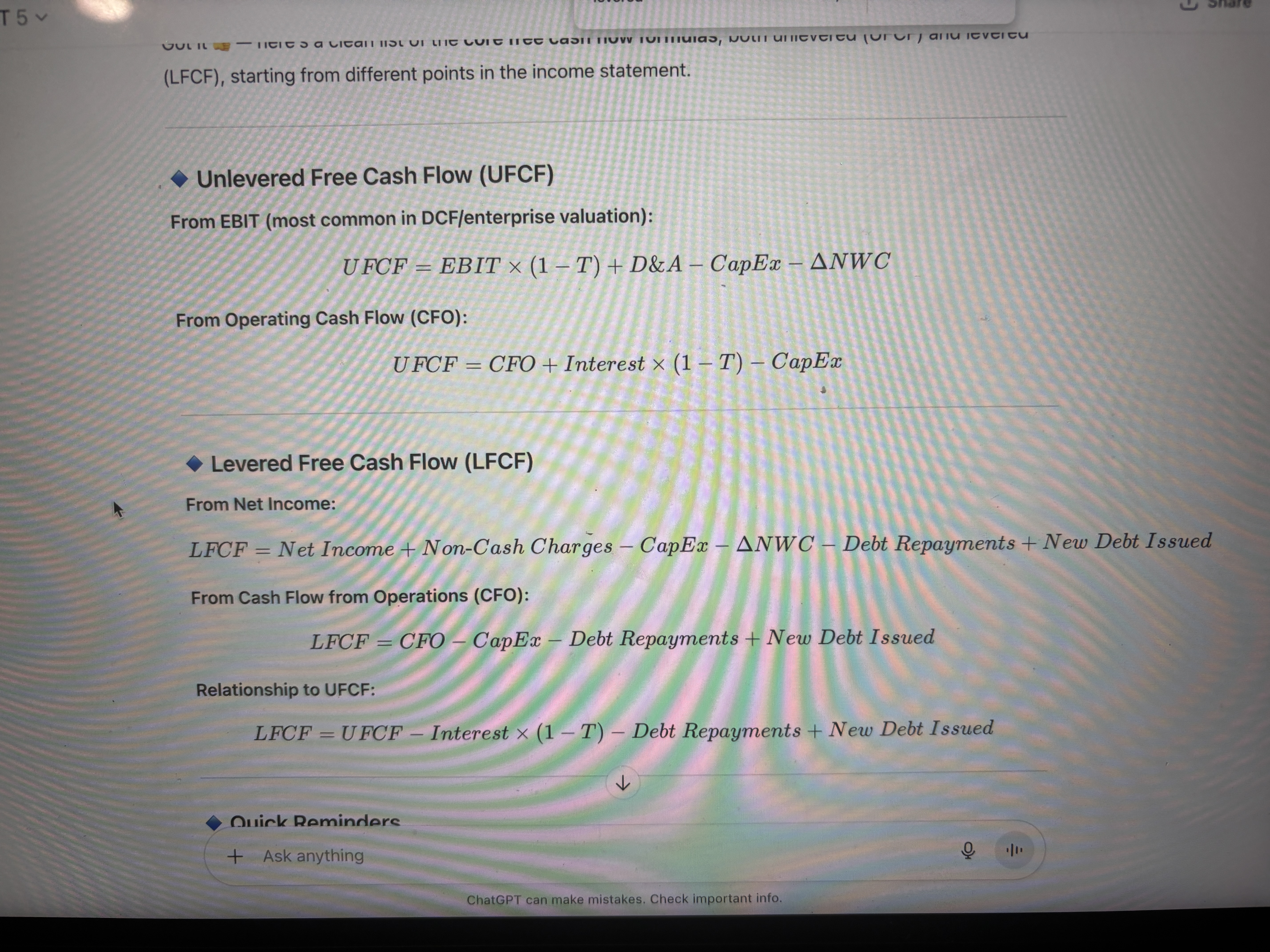 <p>Net income minuses interest hence why we add it back with the tax rate. So LFCF from UFCF we add subtract interest minus debt + new debt</p>