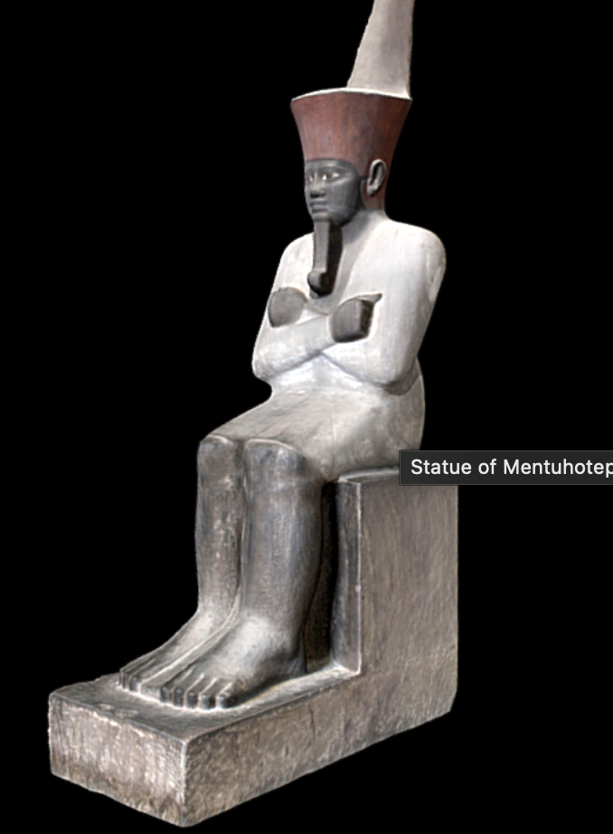 <p>dynasty 11</p><p>sand-stone statue that is painted for detail</p><p><span><span>from his mortuary complex at Deir el-Bahri</span></span></p><p><span><span>similar form to the osiris - the god of the under world </span></span></p><p><span><span>like his crossed arms and dark painted skin - represents his continued rule in the after life</span></span></p>