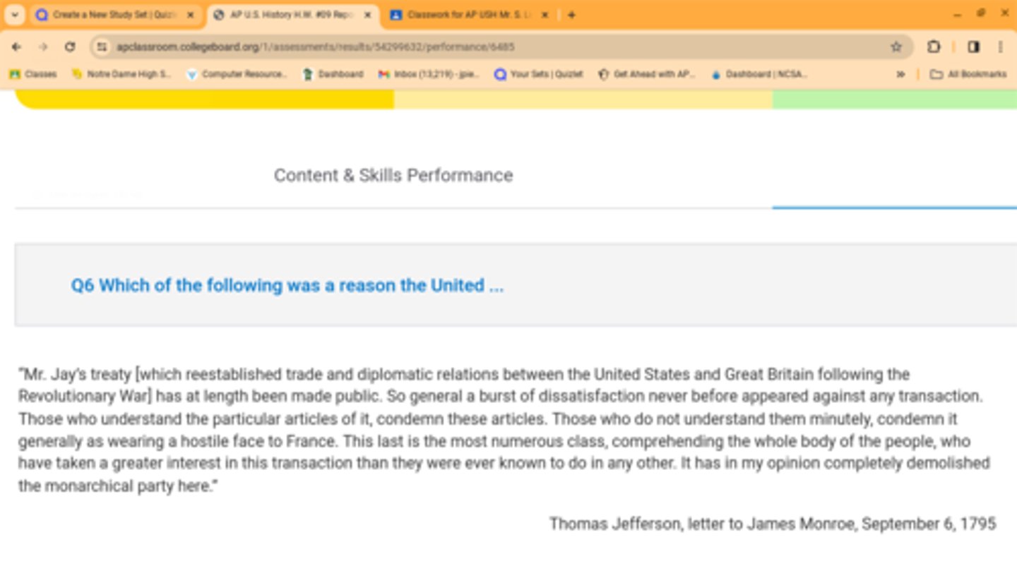 <p>Which of the following was a reason the United States government believed it necessary to negotiate a treaty with Great Britain following the American Revolution?</p><p>A. British activities and landholdings in North America were an impediment to western settlement and peace along the frontier.</p><p>B. Northerners hoped that Britain's antislavery position would pressure southern states to abolish slavery.</p><p>C. The Washington administration wanted to improve relations to encourage France to sell the Louisiana Territory.</p><p>D. The government wanted to mediate a better relationship between France and Britain to help bring peace to the European continent.</p>