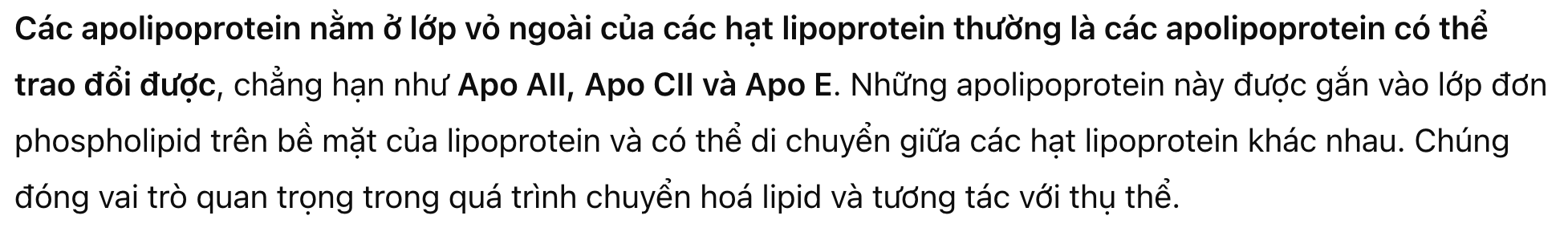 <p><strong>Dạng apo nằm ngoài vỏ:</strong></p><p>A. Apo AII, CII, E</p><p>B. Apo B100</p><p>C. Apo A1</p><p>D. Apo B48</p>