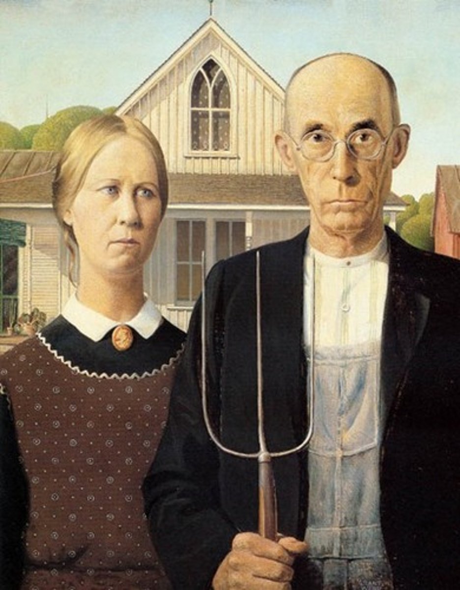 <p>US modernism </p><p>Subgenera of modernism called regionilism</p><p>Wood is a key figure</p><p>Subject matter is uniquely American</p><p>Everything looks close and flat</p><p>Supposed to show a farming generic couple</p><p>Sober expression</p><p>Suposed to compare the the eroupans</p><p>We see some things too show public education</p><p>Jenas are a uniquely American culture</p><p>The rest of the clothes are to show he has taste</p><p>The woman has a brooch, which was a very European</p><p>This is to show she is educated</p><p>The window is a Gothic-style window</p><p>Trying to say Americans are serious</p>