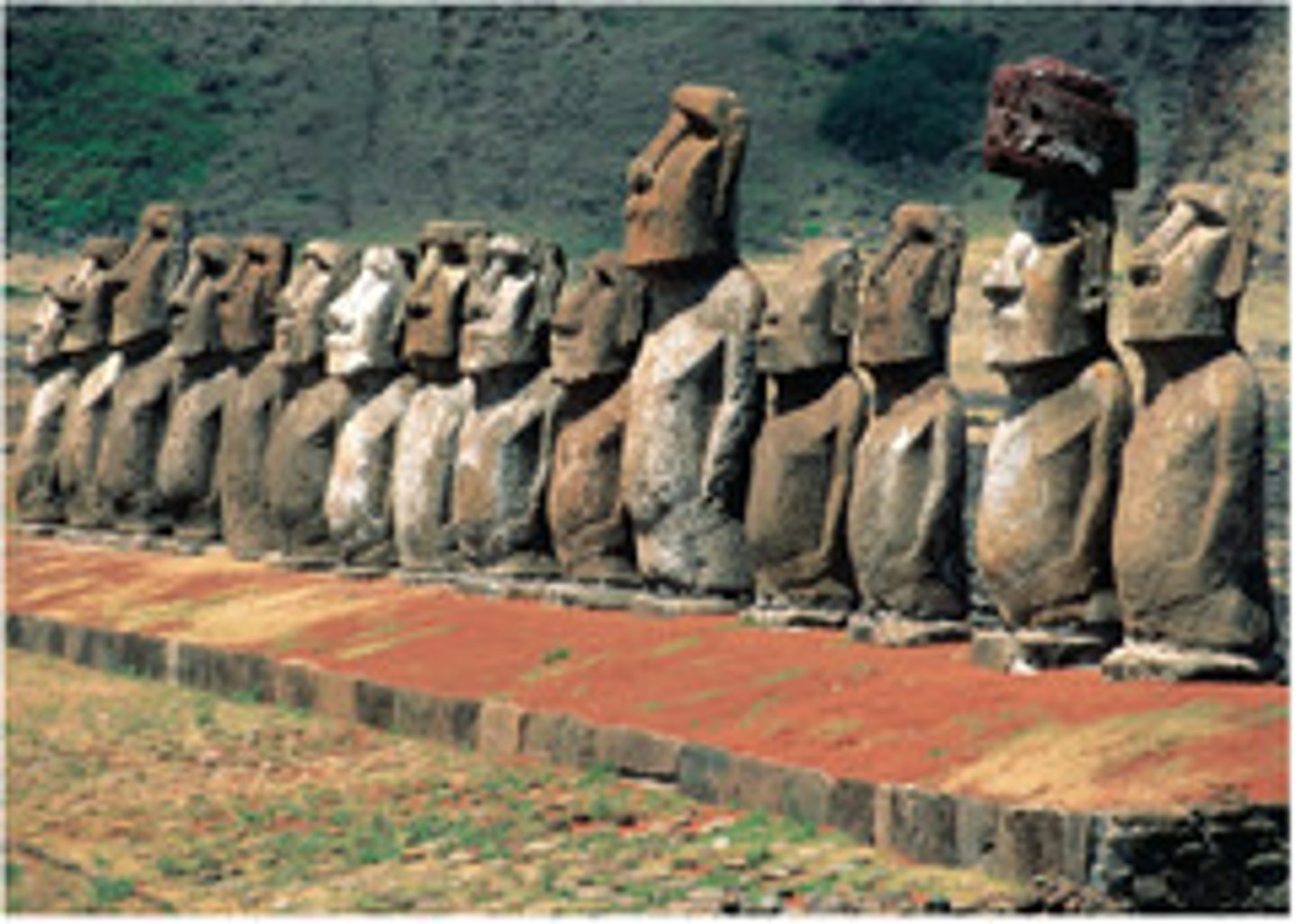 <p></p><p>C: one of the earliest datable artworks in oceania and are also the largest; monumental sculptures; 50 ft tall and weighs 4 tons; most of the moai of huge blocky figures with fairly planar facial features: large staring eyes, strong jaw, straight nose with carefully articulated nostrils and elongated ear lobes; a number of moai have pukao (small red scoriac, a local volcanic stone cylinders that serve as a sort of top knot or hat); moarian platform; backs are facing the sea; 900 statues are still there</p><p>F: carved to commemorate ancestors; the backs are facing the sea so that they could keep watch over the island; represents power; many scholars believe lineage chiefs of their sons erected the moai and sculptures depict ancestral chiefs; Easter Islanders believed they had the ability to accommodate spirits or gods; statues mediate between chiefs and gods along with between the natural and cosmic worlds; burial; sacred</p>