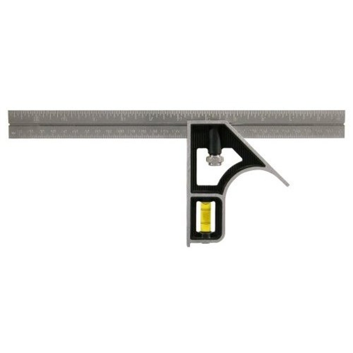 <p>A sliding square mounted on a steel rule, used to mark a "square" line, find level, or measure.</p>