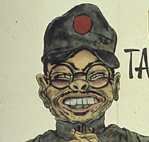 <p><span>Circular glasses, narrow eyes, toothy grin</span></p>