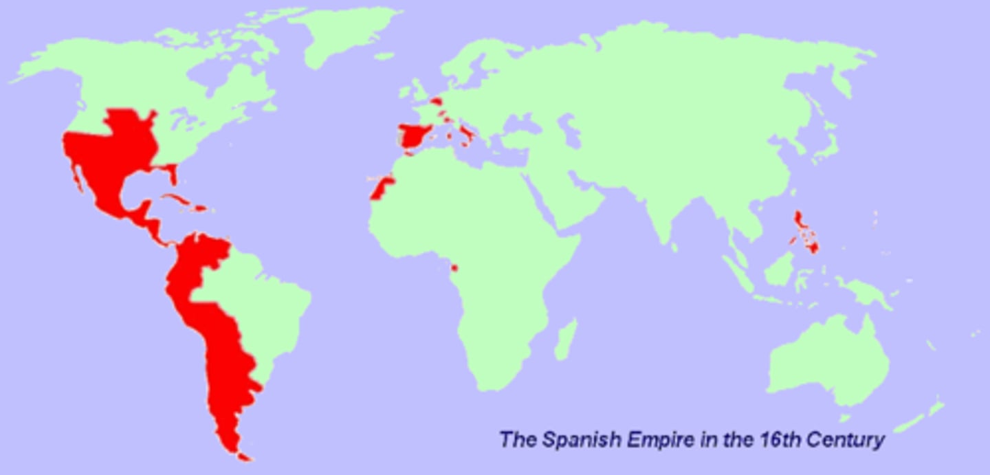 <p>Made up of territories and colonies in Europe, Africa, and Asia controlled from Spain. At its strongest, it was one of the biggest empires in world history, one of the 1st global empires. Royalty from the Castile and Aragon kingdoms ruled it. Christopher Columbus led the first Spanish exploration trip which led them to colonizing in the Americas.</p>