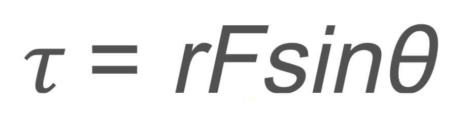 <p>τ → torque</p><p>r → distance from the pivot that the force is applied</p><p>F → force</p><p>sinθ → angle between r&nbsp;and F</p>