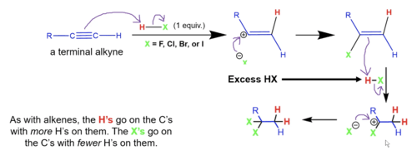 <p>the alkynes will get completely reduced to alkanes, with the H's going on the less substituted carbon, and the X's go on the more substituted C</p>