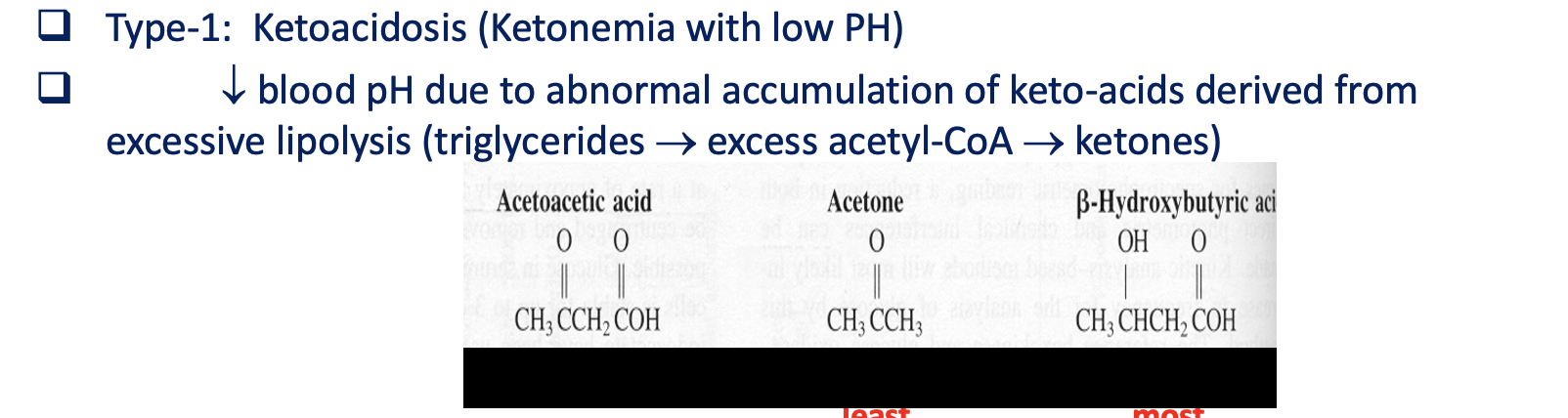<p>Ketonemia with low PH</p><ul><li><p><span><strong>decreased blood pH</strong> due to abnormal accumulation of keto acids derived from&nbsp; excessive lipolysis (triglycerides</span>→<span>excess acetyl-CoA  → ketones)</span></p></li></ul><p></p>