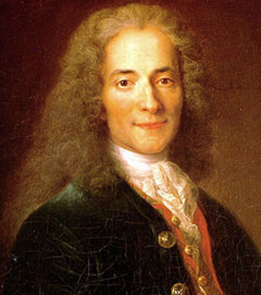 <p>1. French philosophe and voluminous author of essays and letters</p><p>2. Championed the enlightened principles of reason, progress, toleration, and individual liberty</p><p>3. Opposed superstition, intolerance, and ignorance</p><p>4. Criticized organized religion for perpetuating superstition and intolerance</p>