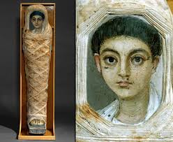 <p>paintings on wood representing the mummy and then placed over the mummy.</p><p>a type of Roman period mummy that features a lifelike portrait.</p><p>the youths body appears to have been in an advanced state of decomposition.</p>