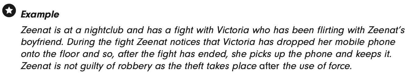 <ul><li><p>D stole from victim’s home. </p></li><li><p>On way out; threatened young son if called police within 5-minutes.</p></li><li><p><strong>Held - </strong>Threat made as theft ongoing. Robbery. </p></li></ul><p>See also attached example from book. </p>