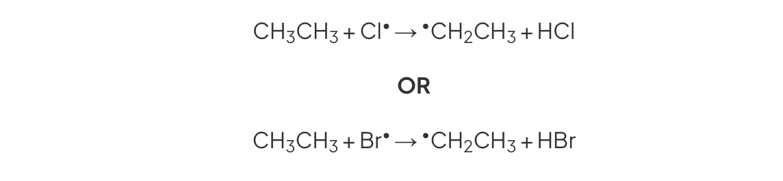 <ul><li><p>chlorine radical reacts with alkane</p></li><li><p>Halogen halide + alkyl radical</p></li></ul>