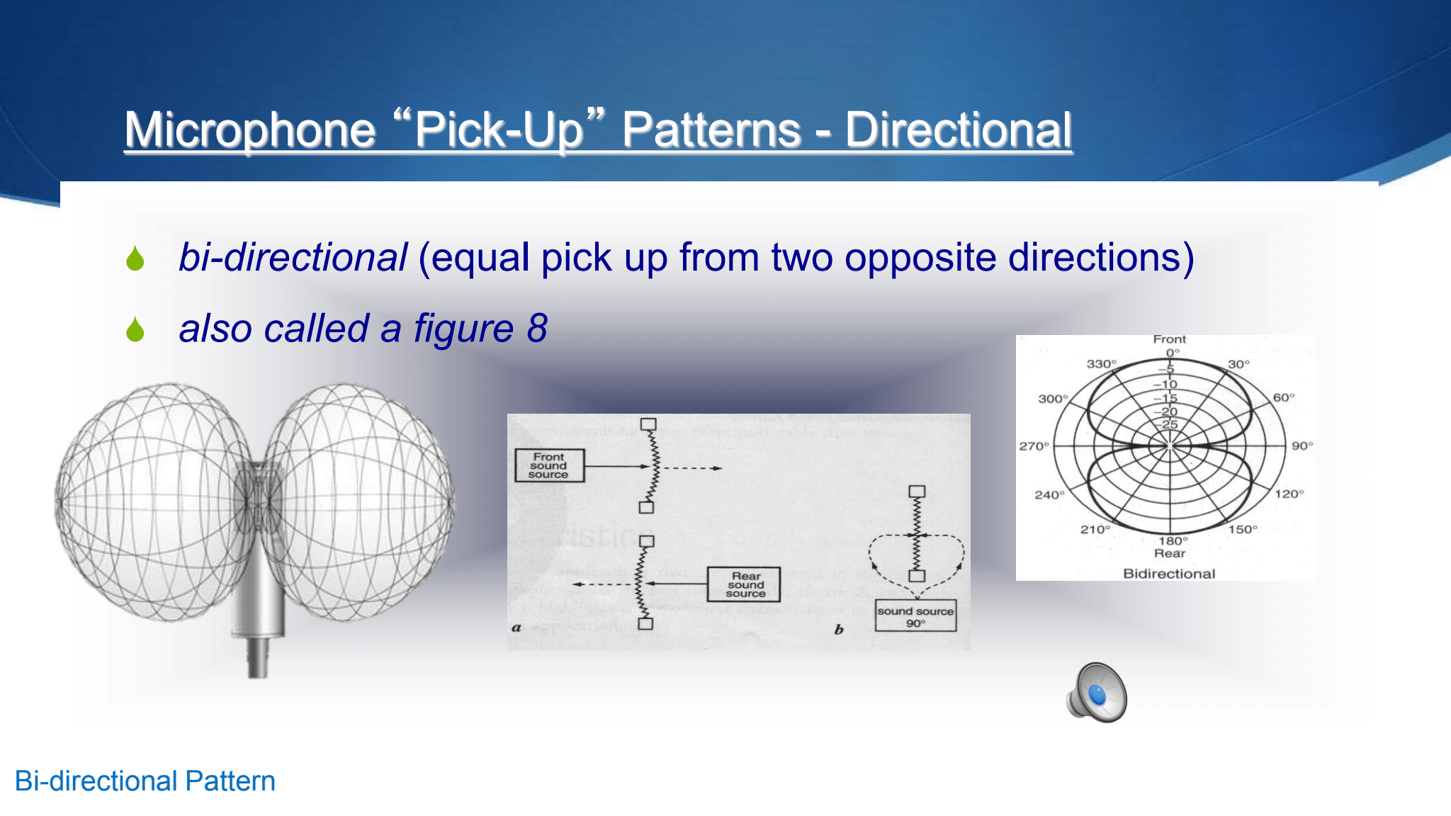 <p>equally picks up sound from two opposite directions (figure eight)</p>