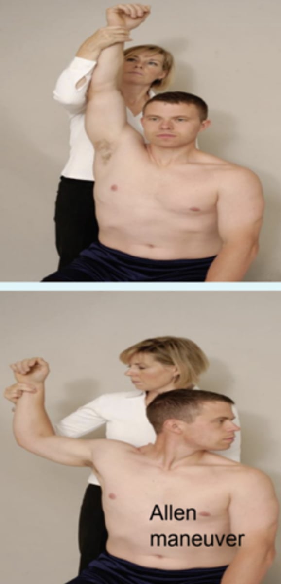 <p>- thoracic outlet syndrome</p><p>description: pt sitting, locate radial pulse of extremity being tested. move shoulder into max abduction and external rotation. taking a deep breath and rotating head opposite to test site may accentuate symptoms</p><p>(+): neurological / vascular symptoms (disappearance of pulse) will be reproduced</p>