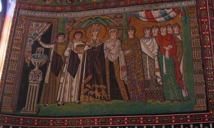 <ul><li><p>both wear royal purple</p></li><li><p>both have halos - rulers</p></li><li><p>unclear whether Justinian or the bishop is at the front</p></li><li><p>Chi-Rho symbol on shields of the Royal Guard</p></li><li><p>Theodora is of elevated status (she is important enough to be included)</p></li></ul><p></p>