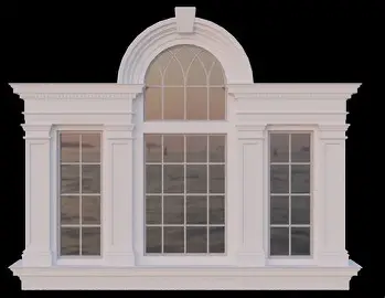 <p>windows consisting of a round-headed window flanked by two smaller windows</p>