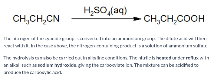 <p>The reaction is heated under reflux with a dilute acid (H<sub>2</sub>SO<sub>4</sub>).</p>