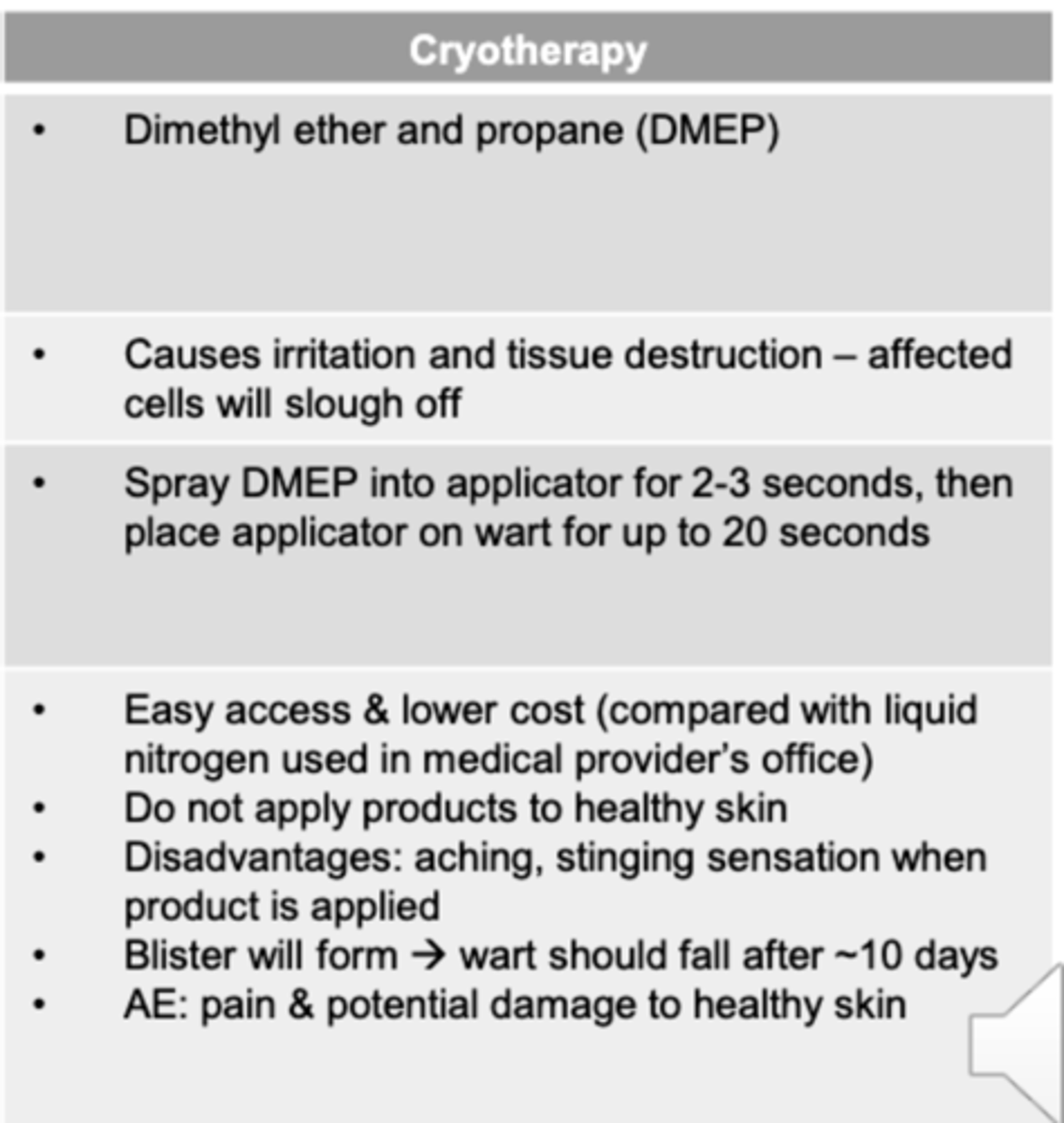 <p>Dimethyl ether and propane</p><p>-Causes irritation and tissue destruction (painful) - affected cells will slough off.</p><p>Blister forms and then falls off 10 days later </p>