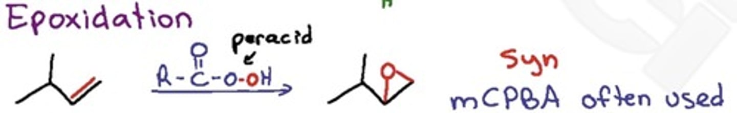 <p>Syn addition (concerted), stereochemistry of alkene preserved</p><p>a peroxide (RCO3H) creates single oxygen bridge</p><p>mcpba, H2O2, R-CO3H can be used</p>