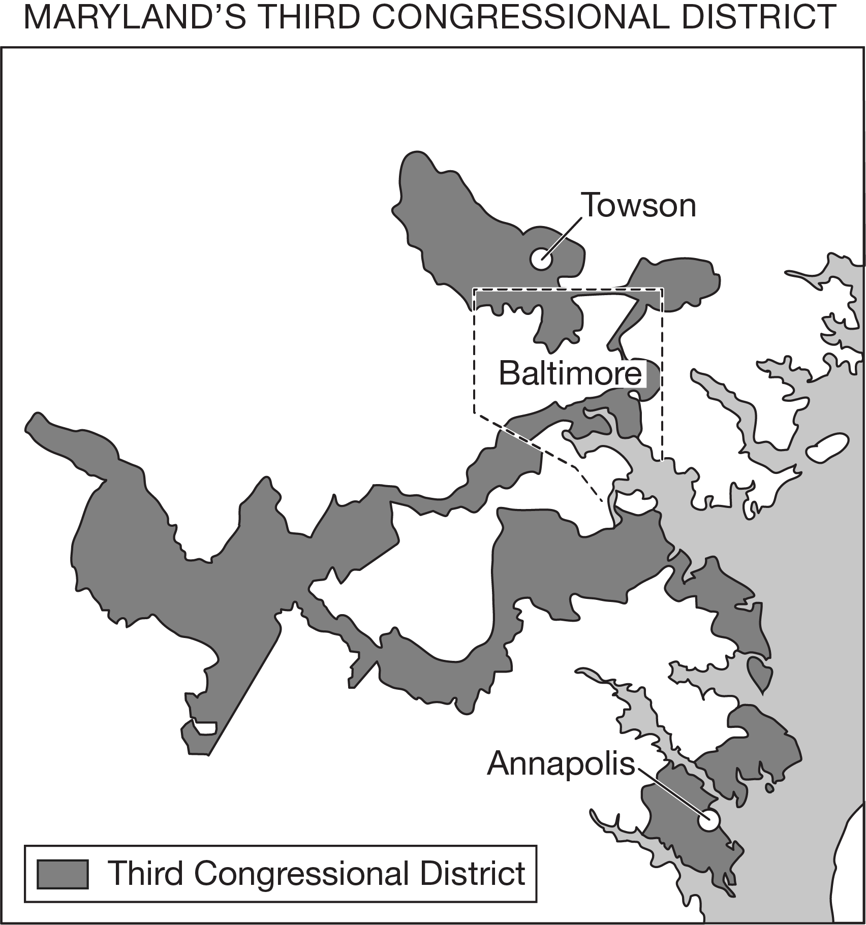 <p>Residents of Maryland’s Third District could legally challenge the redistricting of the area shown on the map because they identify it as being</p>