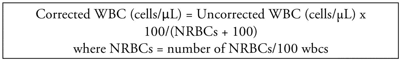 <p><strong>Uncorrected WBC (cells/uL) x 100 / (nRBCs + 100)</strong><br></p><p>where nRBCs = # of nRBCs/100 WBCs</p>