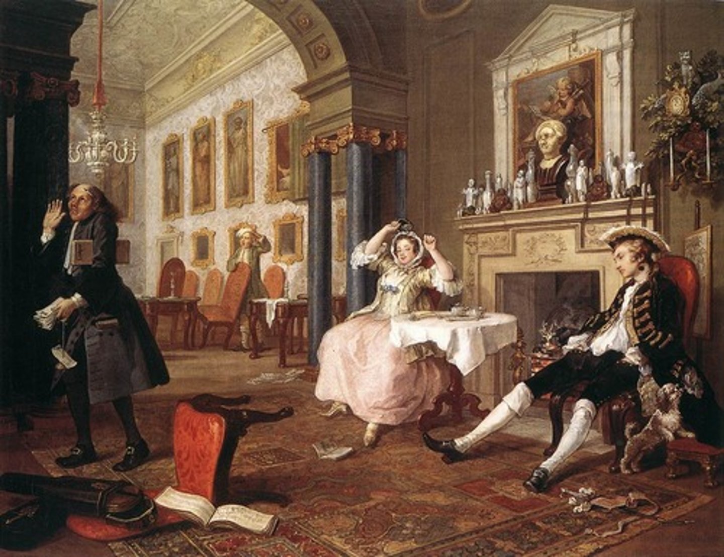 <p>Form:<br>-looks like French Rococo (uses to make fun of the French<br>Content:<br>-critques upper-class for getting married because of bloodlines and family<br>-shows the couple is married but not faithful to eachother<br>-man being sniffed by dog because smell of another woman's perfume<br>-woman has been out all night trying to become popular<br>-part of a series (arranged marriages end badly, marriage should be about love)<br>-sign that sex occurred before husband came back home (flipped over chair)<br>-merchant gives up on couple because they won't take finances seriously<br>Function:<br>-satire from British to French<br>-art being made for the growing middle class<br>Context:<br>-artist: William Hogarth (social critic)<br>-1743 CE</p>