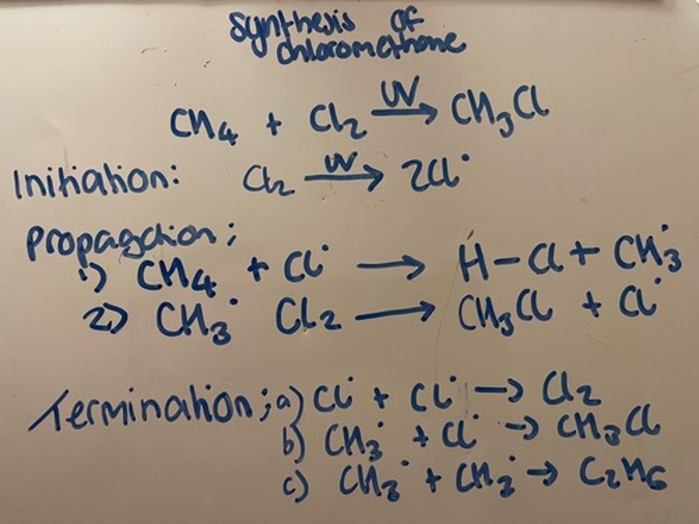 <p>Initiation: UV light provides sufficient energy to break Cl-Cl bond, bond splits equally so that each atom keeps an electron, forming 2 chlorine free radicals (highly reactive)</p><p>Propagation: split into 2 steps</p><p>1. A chlorine free radical bonds with a H in CH4 to form H-Cl and CH3, radical is not used up so moves to CH3</p><p>2. CH3 radical breaks Cl2 bond so that one Cl radical bonds with CH3 and one Cl radical is left over (must use Cl2 as this is the only halogen available to make a halogenoalkane)</p><p>Termination: free radicals are stopped if two radicals join together. This can be done in several combinations</p><p>Cl2 and CH3Cl can react again if UV light is still present</p>