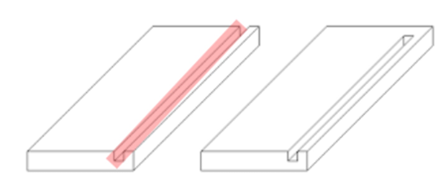 <p>GROOVE</p><p>a long, narrow cut or depression, especially one made to guide motion or receive a corresponding ridge</p>