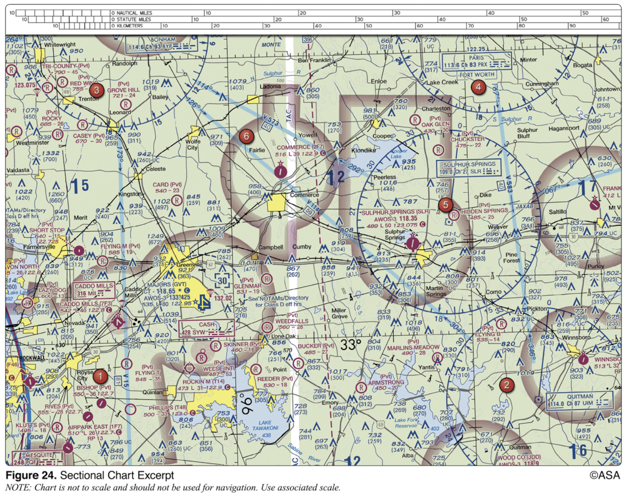 <p>(Refer to Figure 24.) Determine the magnetic course from Airpark East Airport (area 1) to Winnsboro Airport (area 2). Magnetic variation is 6°30'E.</p>