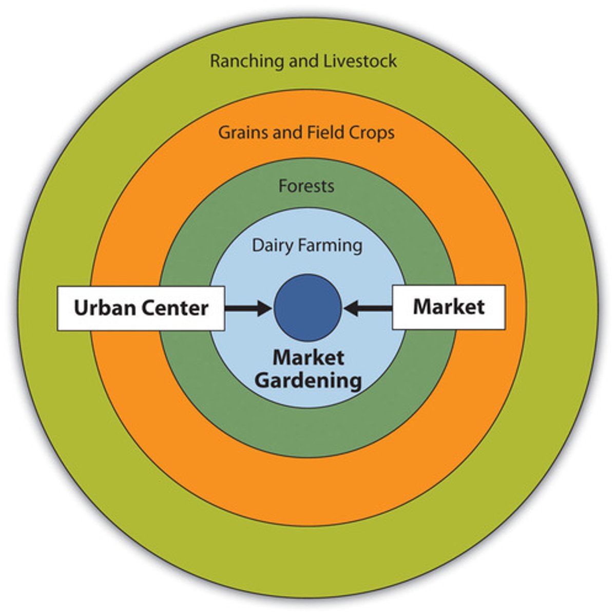 <p>A model that explains the location of agricultureal activities in a commercial, profit-making economy. A process of spatial competition allocates various farming activities into rings around a central market city, with profit-earning capability the determining force in how far a crop locates from the market</p>