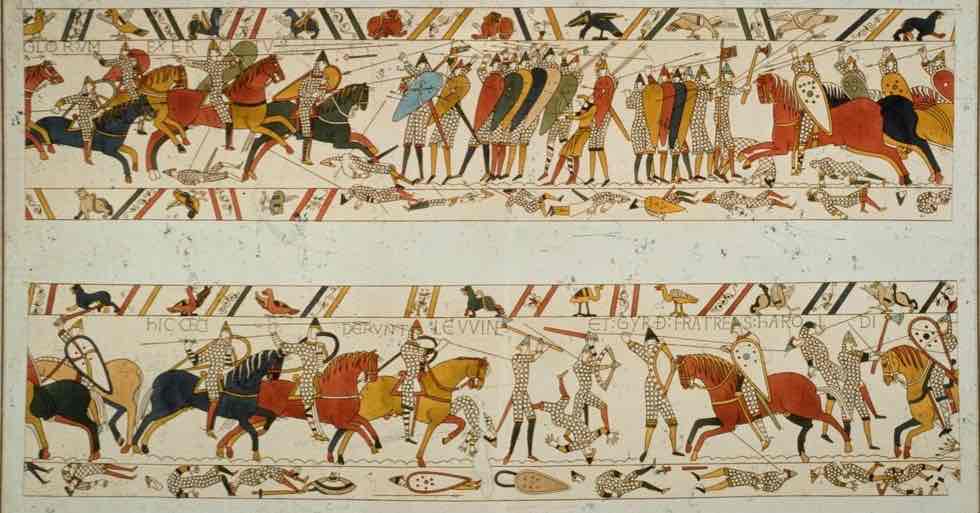 <p><strong>Bayeux Tapestry</strong></p><p>Romanesque Europe</p><p>1066-1080 CE</p><p>Embroidery on linen</p>