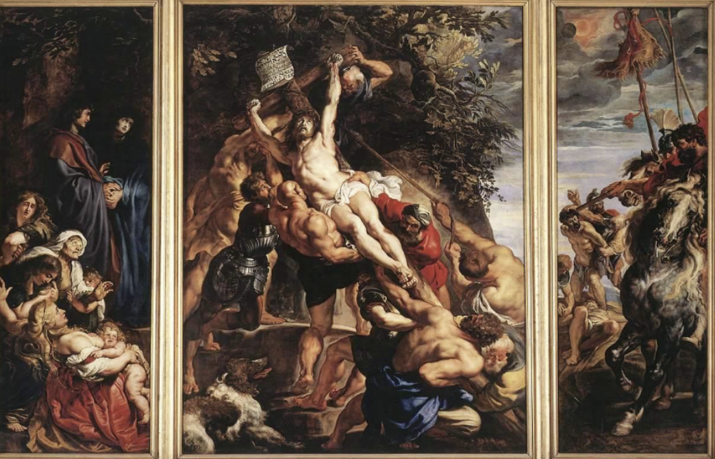 <p>Rubens, Elevation of the Cross, triptych altarpiece, Antwerp Cathedral, Antwerp, Belgium, 1610.</p>