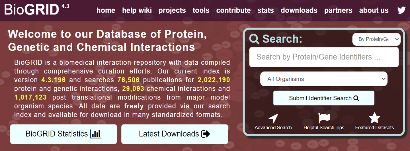 <p>Biological General Repository for Interaction Datasets (BioGRID) includes over two million protein and genetic interactions in human and model organisms</p><p>The interaction data have been compiled through comprehensive curation efforts</p>