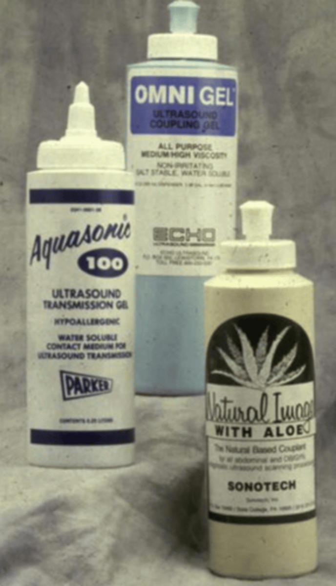 <p>Lotion or gel (at least 1/8 inch-more if client is hairy)</p><p>- Apply enough pressure to provide contact with gel without displacement of gel</p>