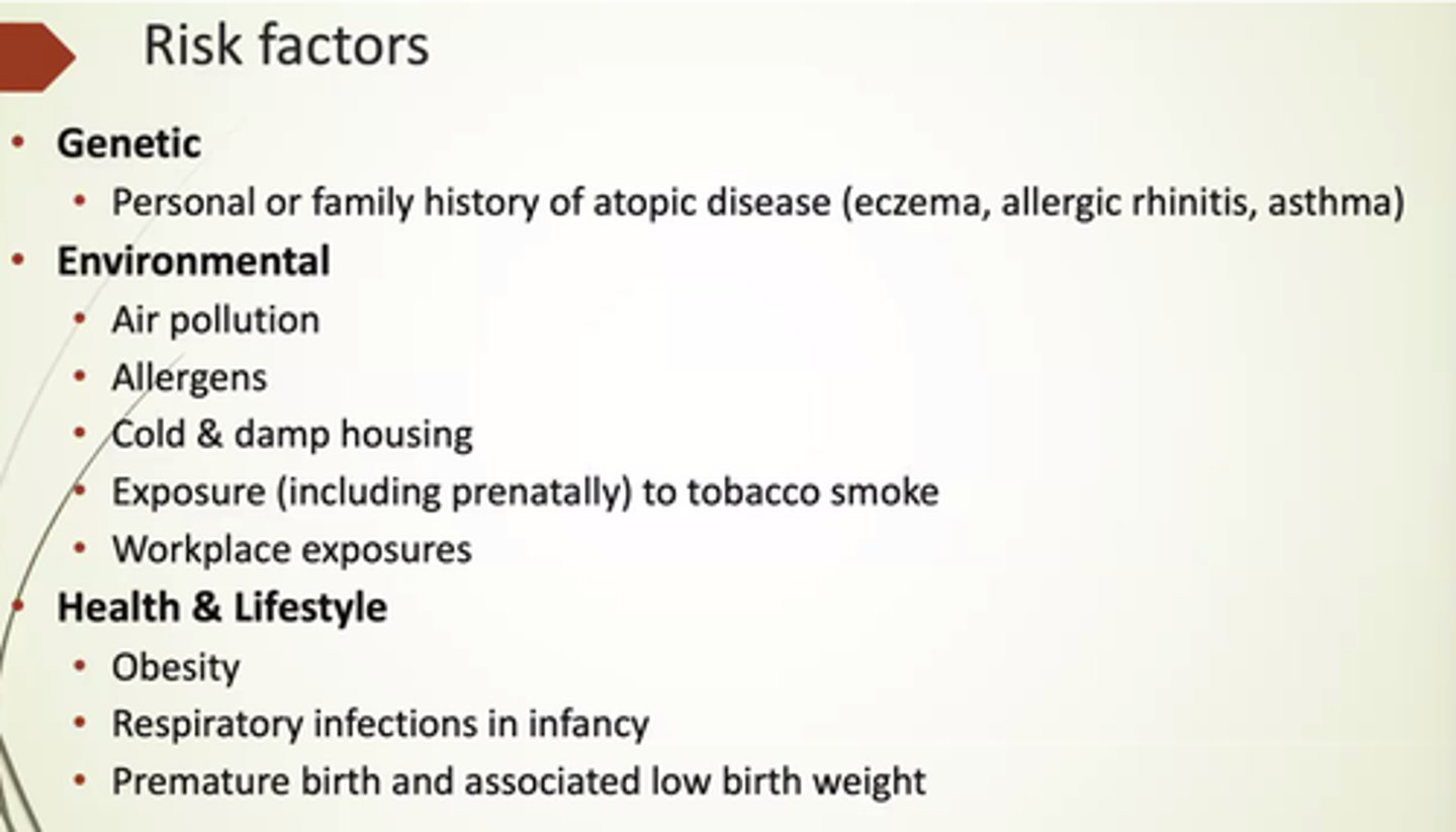 <p>- Air pollution.</p><p>- Cold, damp housing.</p><p>- Allergens.</p><p>- Exposure to tobacco.</p><p>- Workplace exposure.</p>