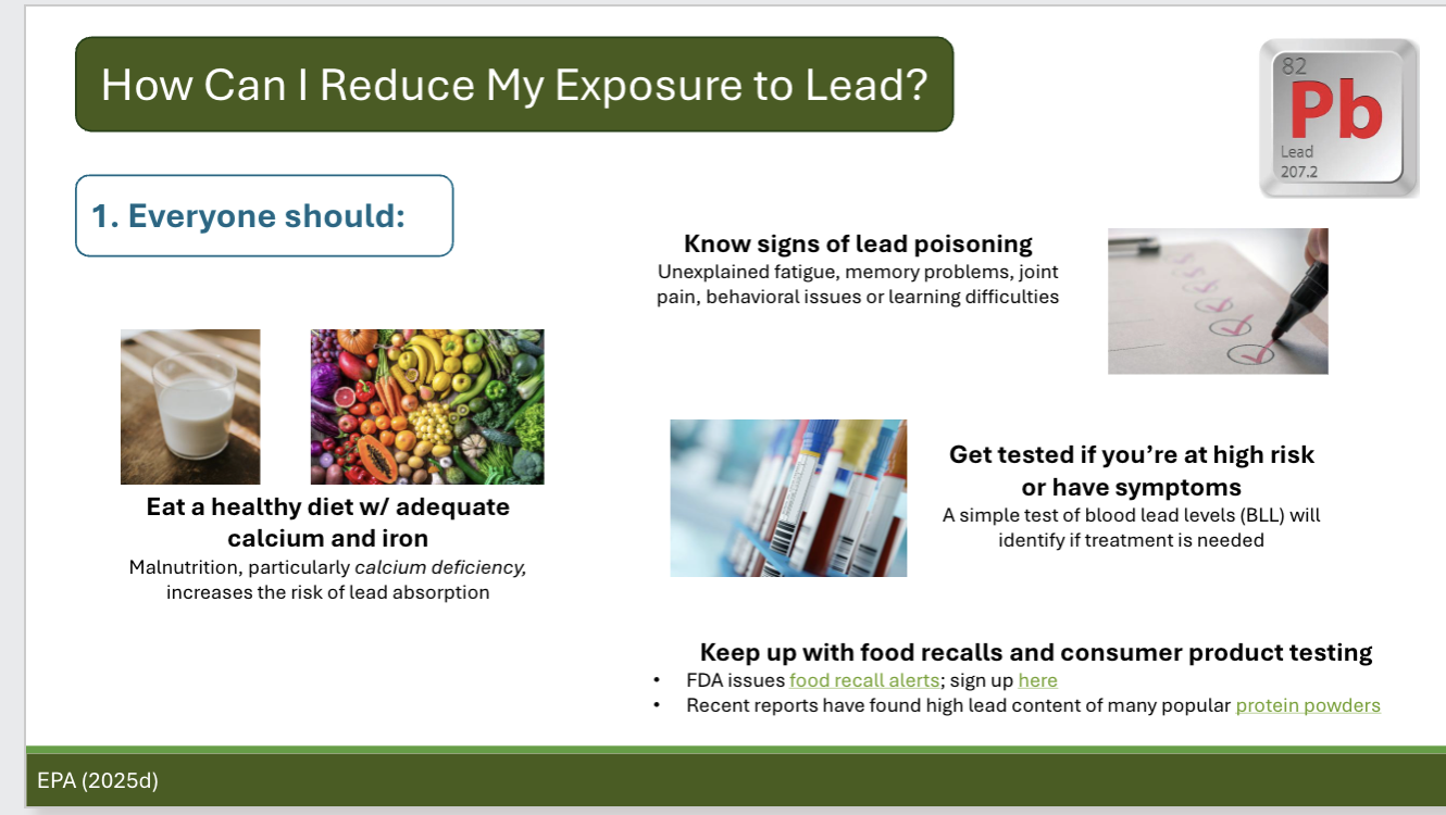 <ul><li><p>Lead is especially dangerous for children < 6 yrs:</p><ul><li><p>lower IQ</p></li><li><p>behavioral challenges</p></li><li><p>learning disabilities</p></li><li><p>nervous system damage </p></li><li><p>slowed growth</p></li><li><p>anemia </p></li></ul></li><li><p>Adults are susceptible, too</p><ul><li><p>high blood pressure</p></li><li><p>kidney damage</p></li><li><p>muscle and joint pain</p></li><li><p>memory issues</p></li><li><p>reproductive problems</p></li></ul></li></ul><p></p>