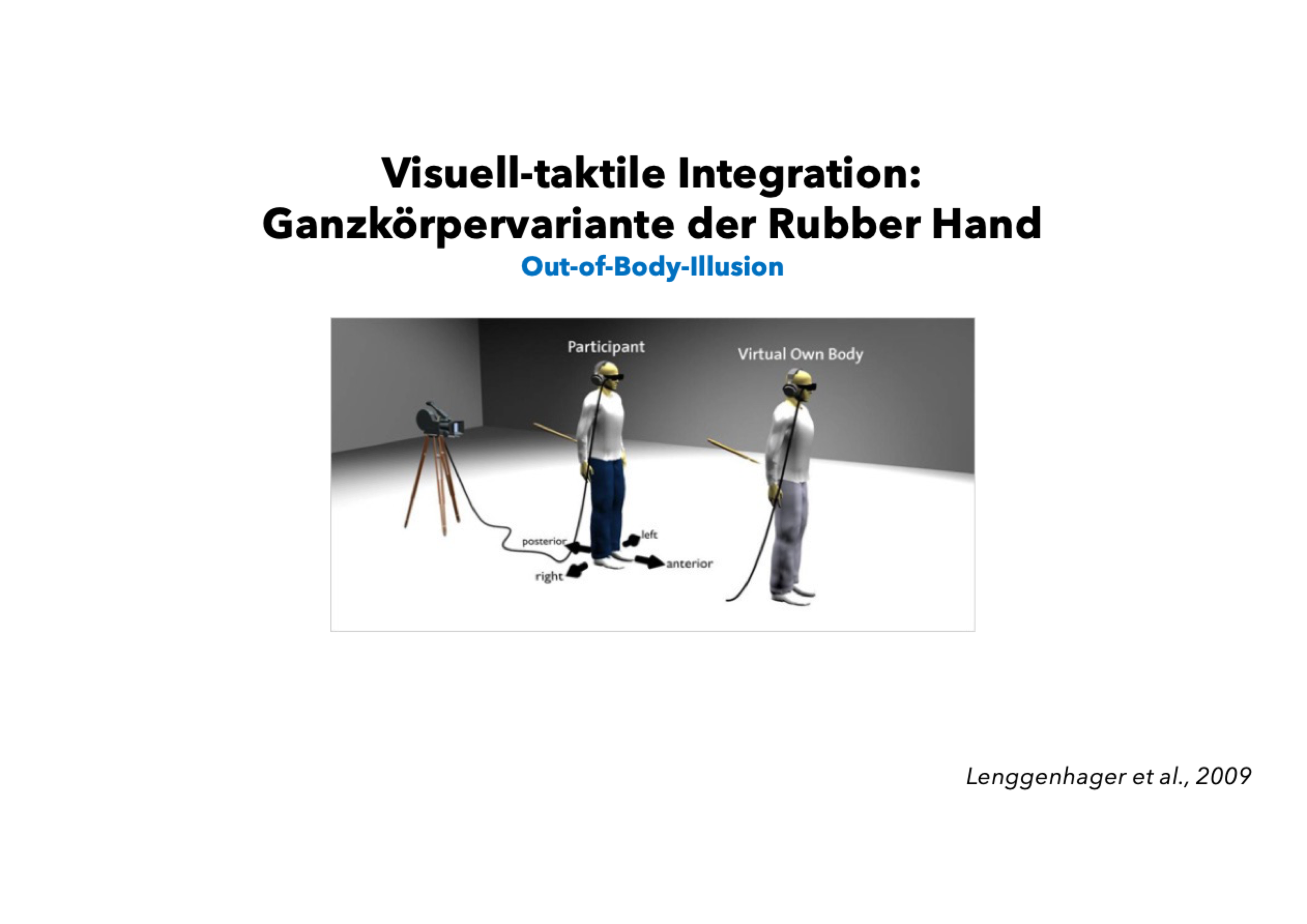 <p class=""><strong>Kurzfassung:</strong><br>Die <strong>Out-of-Body-Illusion</strong> entsteht, wenn visuelle und taktile Reize so kombiniert werden, dass Menschen glauben, <strong>außerhalb ihres Körpers zu stehen</strong> – ein Beleg für die Bedeutung <strong>multisensorischer Integration</strong> beim Körperbewusstsein.</p><div data-type="horizontalRule"><hr></div><p class=""><strong>Langfassung:</strong></p><ul><li><p class=""><strong>Aufbau der Illusion:</strong></p><ul><li><p class="">Teilnehmende tragen eine <strong>VR-Brille</strong>, über die sie <strong>ihren eigenen Körper von hinten</strong> sehen (z. B. durch eine Kameraaufnahme hinter ihnen)</p></li><li><p class="">Gleichzeitig werden sie <strong>am Rücken berührt</strong>, und sie <strong>sehen dieselbe Berührung</strong> am Rücken ihres virtuellen Körpers</p></li></ul></li></ul><p class=""></p><ul><li><p class=""><strong>Ergebnis:</strong></p><ul><li><p class="">Diese <strong>synchronen visuell-taktilen Reize</strong> führen dazu, dass viele Versuchspersonen das Gefühl haben, <strong>sich außerhalb ihres Körpers zu befinden</strong></p></li><li><p class="">Es entsteht eine <strong>Dissoziation zwischen dem eigenen Selbst und dem physischen Körper</strong></p></li></ul></li></ul><p class=""></p><ul><li><p class=""><strong>Bedeutung:</strong></p><ul><li><p class="">Die Illusion demonstriert, dass unser <strong>Körperbewusstsein nicht fest verankert</strong> ist, sondern <strong>durch sensorische Signale erzeugt wird</strong></p></li><li><p class="">Sie verdeutlicht die zentrale Rolle der <strong>multisensorischen Integration (v. a. von Sehen und Tasten)</strong> für das Erleben von Körperzugehörigkeit und Selbstlokalisation</p></li></ul></li></ul><p></p>