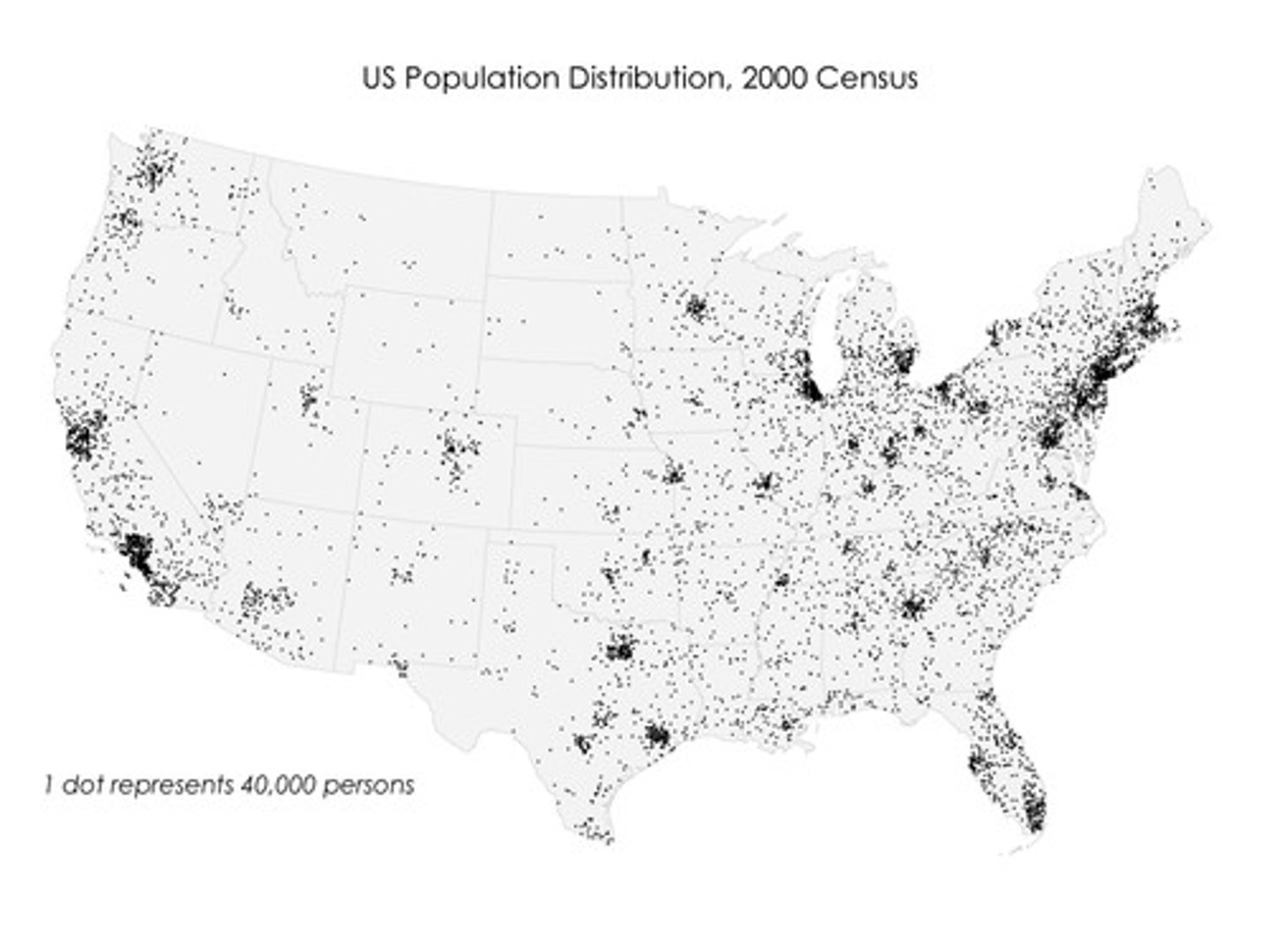 <p>A thematic map where dots are used to demonstrate the frequency of a particular value.</p><p>-Strength: Shows accurate distribution.</p><p>-Weaknesses: Doesn't show accurate density because dots can be too close together to the point where you can't see individual dots.</p>