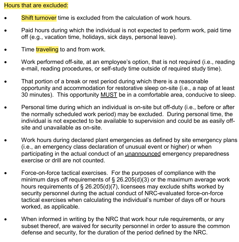 <p>NMP-AD-016-003 Scheduling and Calculating Work Hours</p><p>Specific Excluded Hours</p><p>Counting</p>