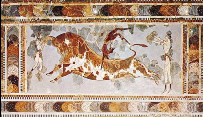 <p>does not actually depict a bullfight; <strong>may be a ritual activity, connected perhaps to a rite of passage, or in what may be a sporting event, designed to entertain the royal court.</strong></p>