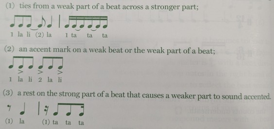 <p><span style="font-family: Aptos, sans-serif; line-height: 115%;"><span>1) tie into strong beats (replace tied sixteenth notes with eighth notes);</span></span><br><span style="font-family: Aptos, sans-serif; line-height: 115%;"><span>2) accent weak beats;</span></span><br><span style="font-family: Aptos, sans-serif; line-height: 115%;"><span>3) put rests on strong parts of the beat</span></span></p>