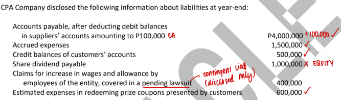 <p>What total amount should be presented as current liabilities at year-end?</p><p>a. P6,700,000</p><p>b. P6,600,000</p><p>c. P7,100,000</p><p>d. P7,700,000</p>