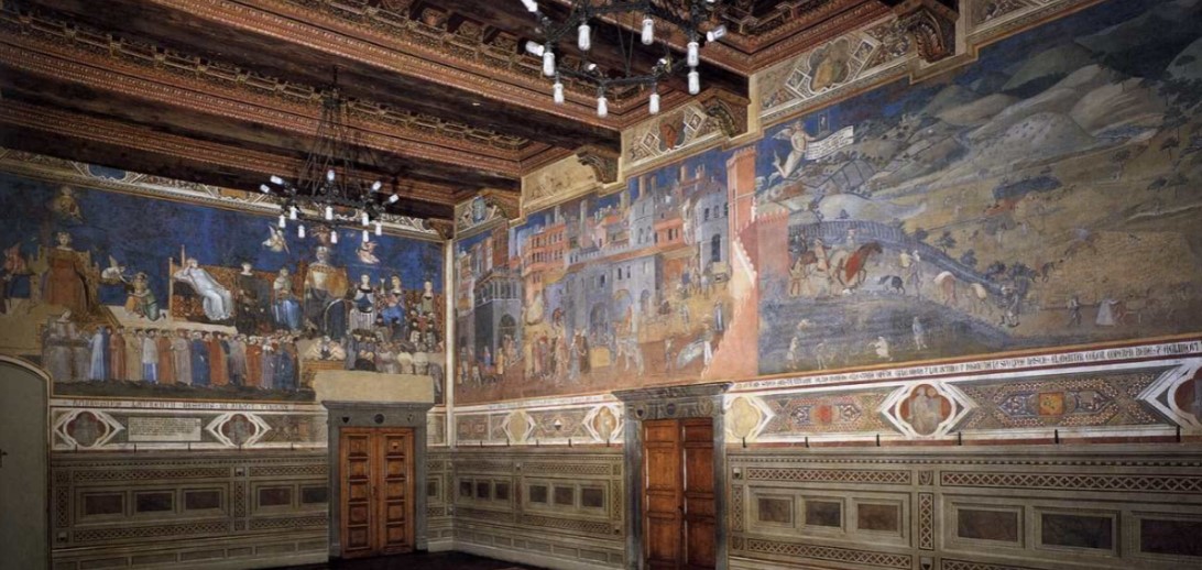 <p>Allegory of good and bad government, fresco, Ambrogio Lorenzetti, 1338-1339, Salla della pace, palazzo pubblico, siena, italy</p>