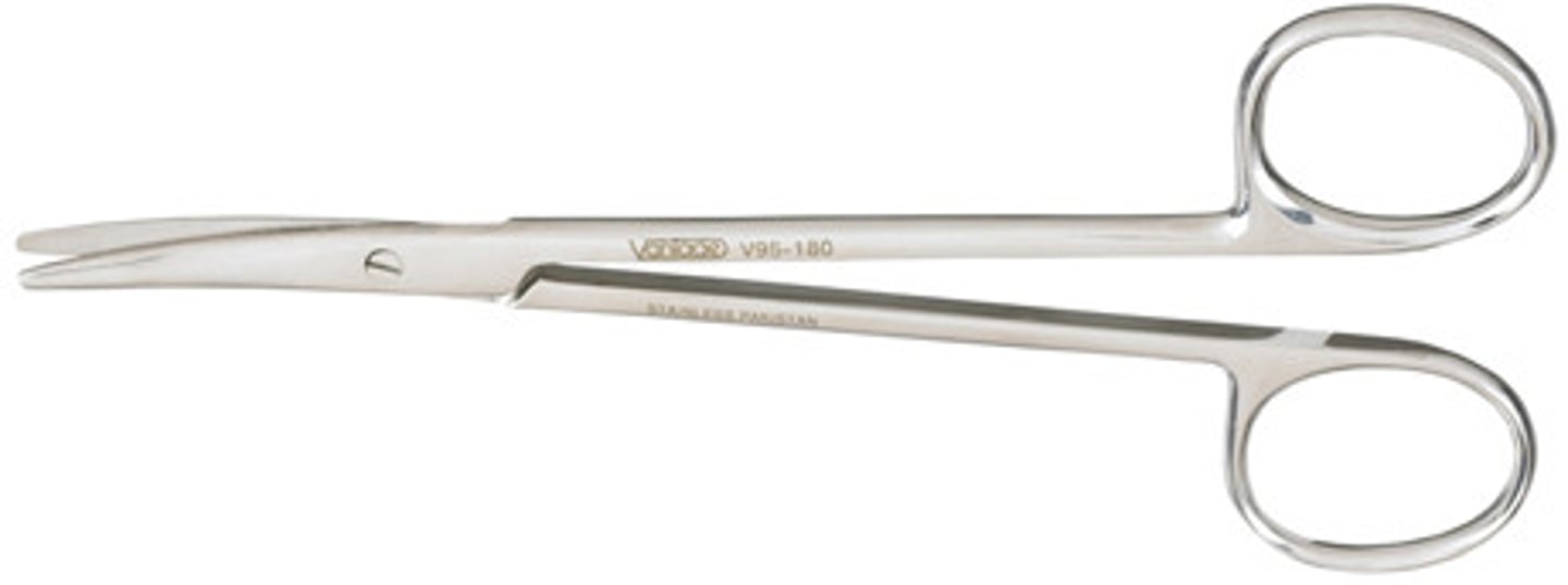 <p>surgical scissors designed for cutting delicate tissue (such as fat) and blunt dissection</p>